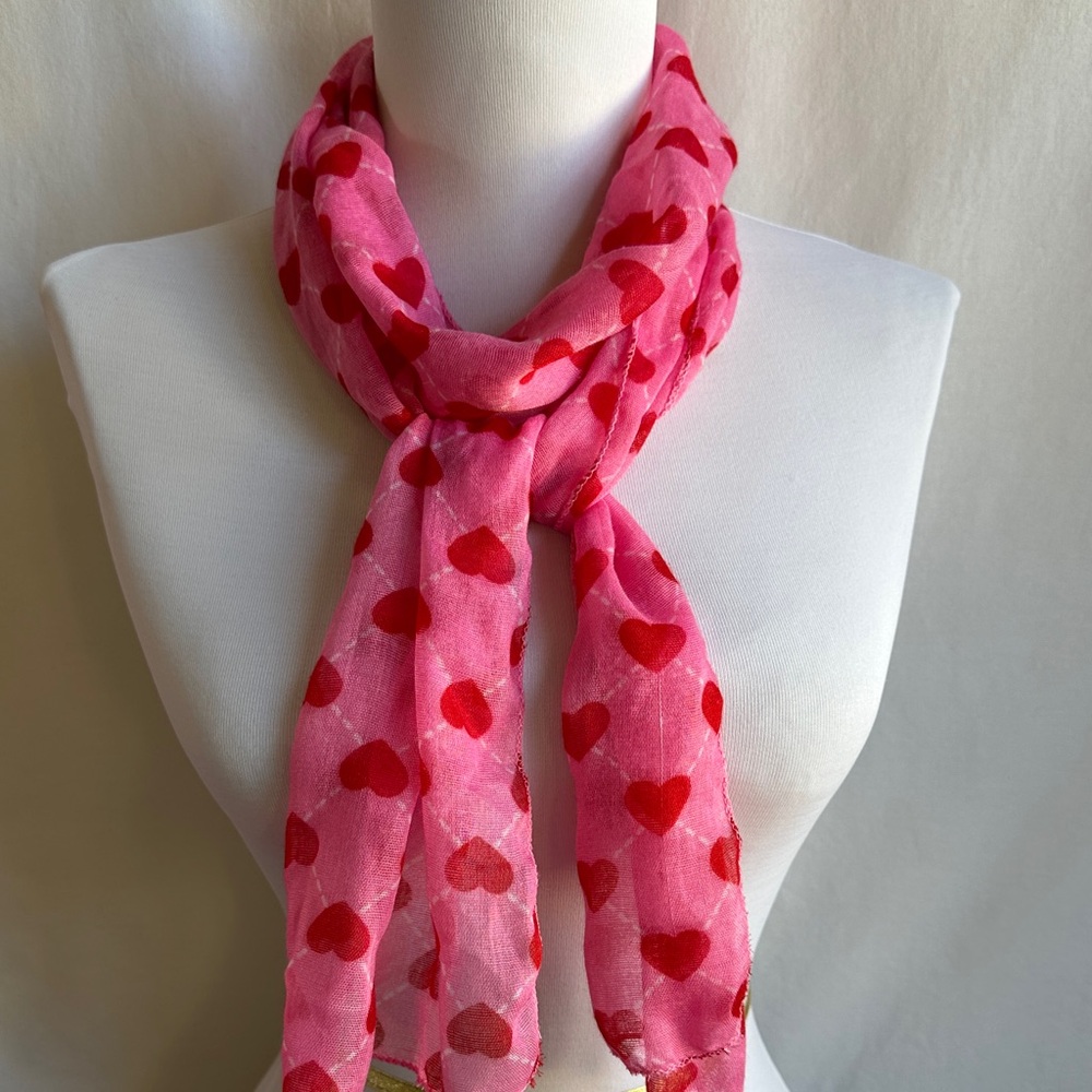 Lightweight pink, red, and white heart print oblong scarf